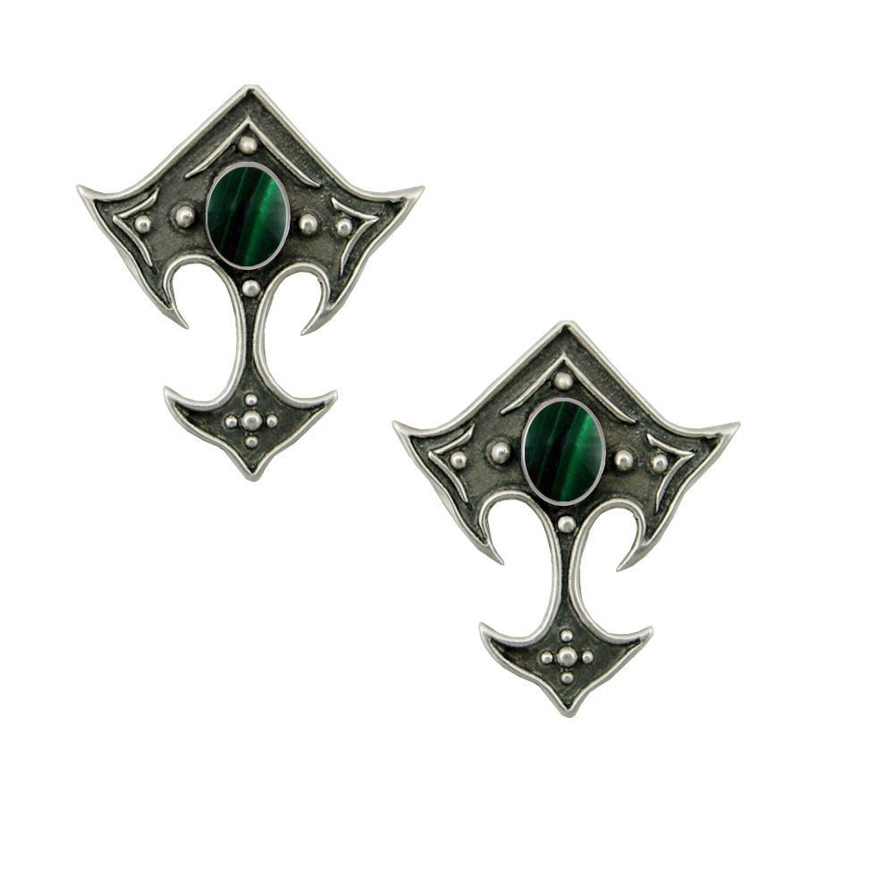 Sterling Silver Gothic Inspired Designer Drop Dangle Earrings With Malachite